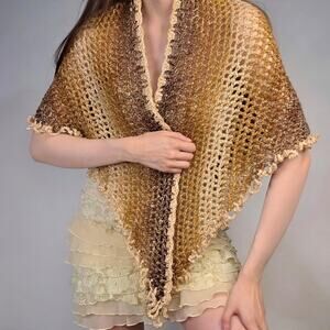 Hand Crochet Knit Shawl Poncho Boho Layering Festival Wrap Metallic